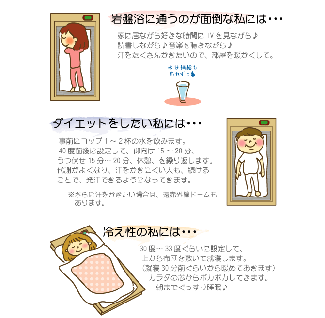 頑張る女性の皆様へ。忙しくて時間が取れない、睡眠時間に岩盤浴。カラダの中からキレイになりたい、代謝が良くなり美肌度アップ。癒されたい、天然鉱石のぬくもりで、身体の芯からリラックス。面倒なのはイヤ、組み立て不要、女性お一人でも設置できます。高すぎると困る、自社工場で製作しているので、お求め安い価格設定。体調が優れない方へ。身体を温めたい(温熱)毎日の使用で体温アップ。家から出るのが難しい、貴方のお部屋で岩盤浴が出来ます。運動が出来ない、汗をかく手助けが出来ます。補完治療を探している、体質改善の手助けに。
